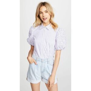 NEW Petersyn Zadie puff short sleeve button‎ front cotton top, white, M